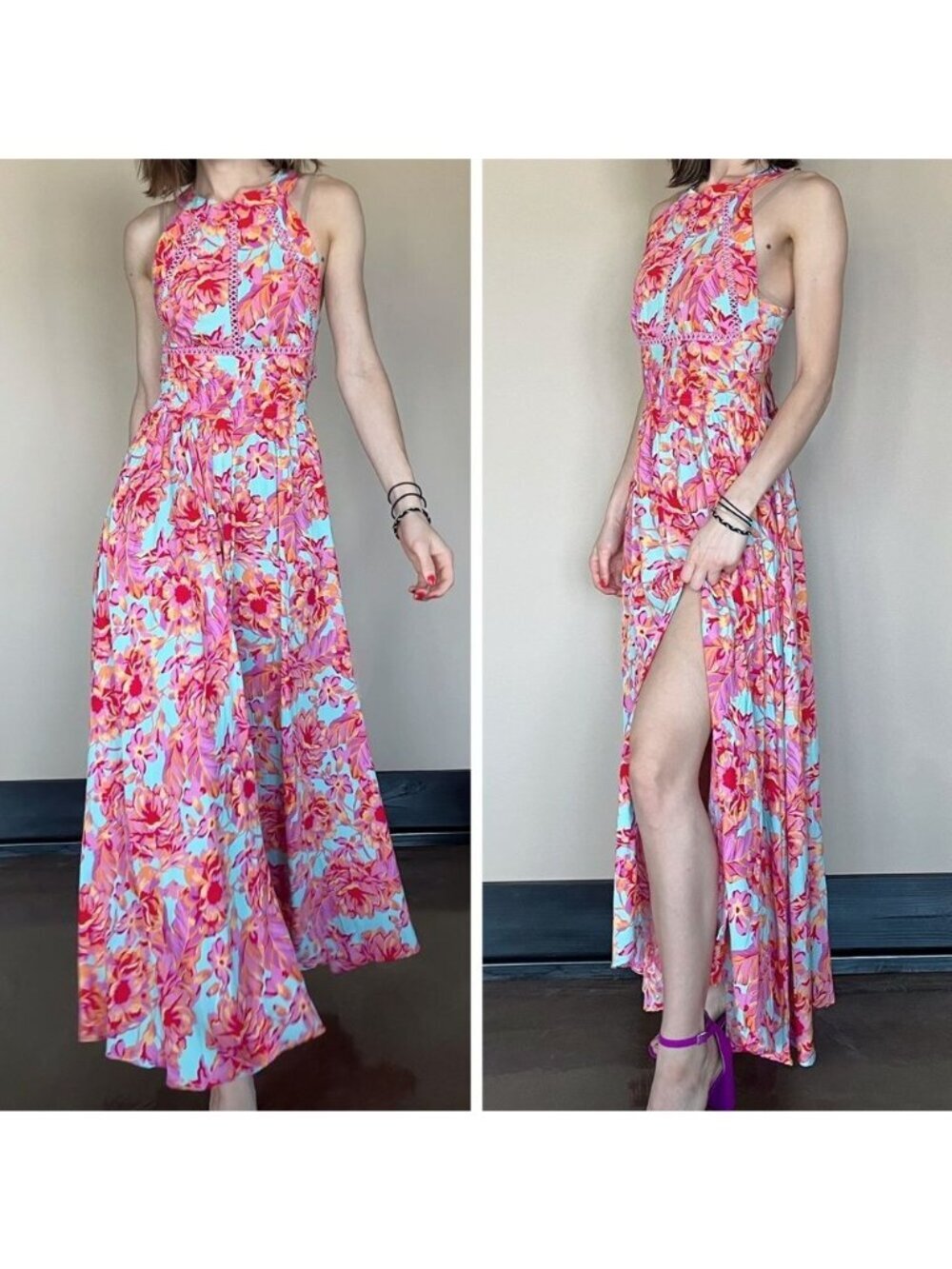 Abel the Label Anthropologie Rumi Halter Floral Maxi Dress Pink Resort Beach XS